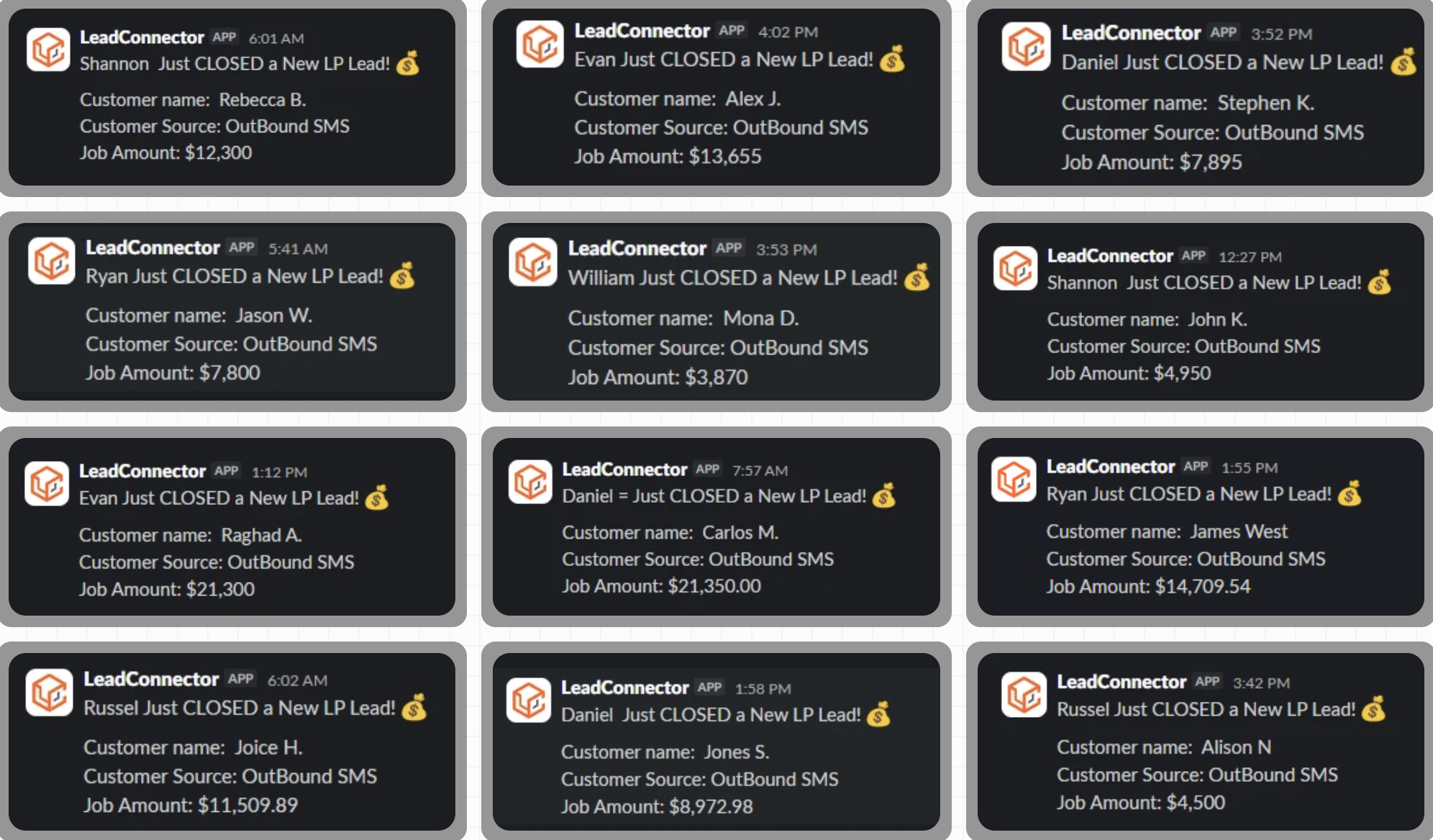 LeadConnector notifications showing different types of homeowner leads